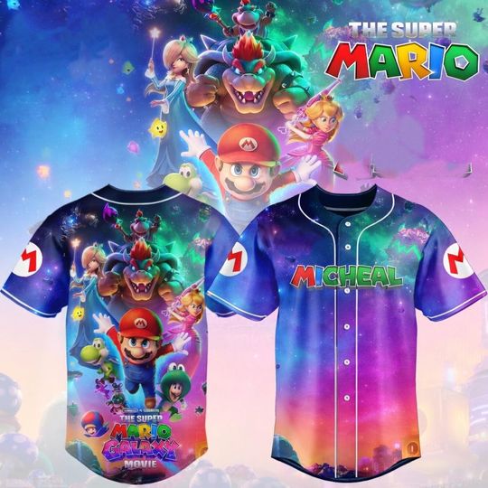 Super Mario Galaxy Baseball Jersey, Personalized Name & Characters, Custom Nintendo Gaming Jersey for Birthdays