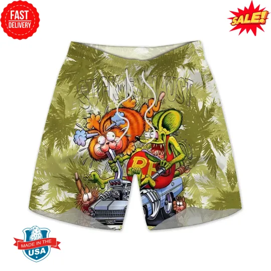 Discover RatFink Beach Shorts, Ed Roth Inspired Design, Bold & Wild Summer Look