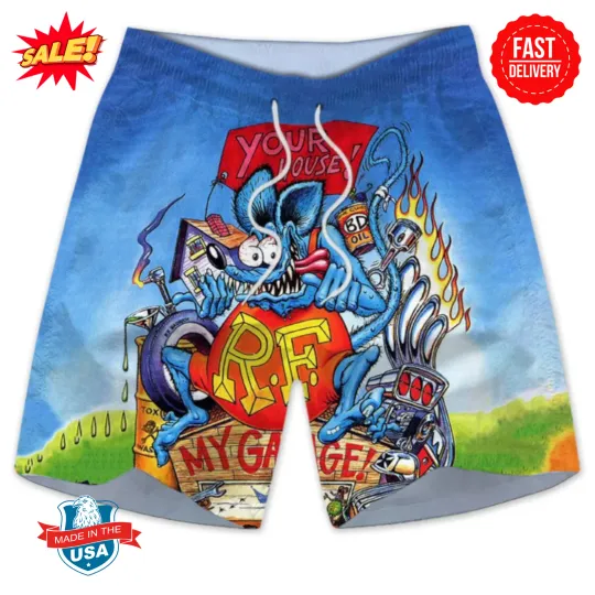Discover RatFink Beach Shorts, Classic Ed Roth Cartoon, Greaser Culture & Speed Theme