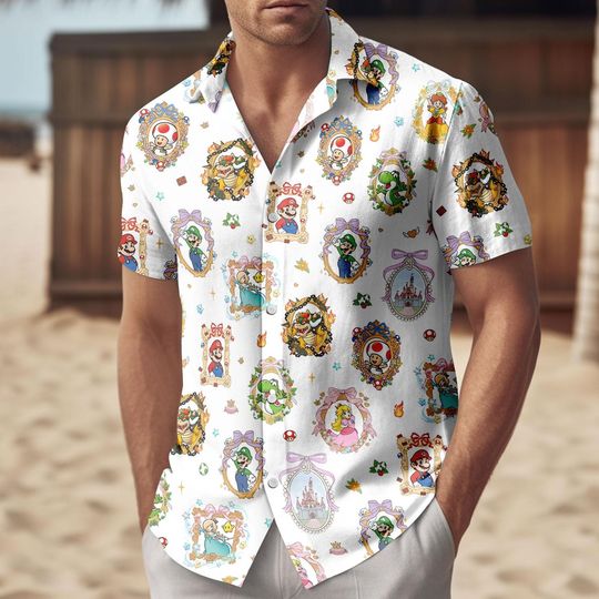 Discover Mario Princess Button Shirt Men, Retro Nintendo Character Aloha Hawaii Shirt, Cartoon Beach Vacation Button Up, Gamer Gift