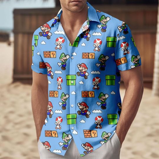 Mario Luigi Summer Button Shirt, Retro Game Aloha Hawaii Shirt, Cartoon Beach Vacation Shirt, Gamer Gift for Him