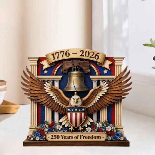 Discover 250th Anniversary Patriotic 1776-2026 Wooden Block, American Eagle Wall Art, 250 Years of Freedom 4th of July Sign, USA Heritage Shelf Decor