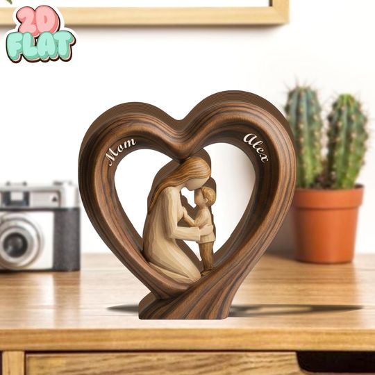 Personalized Mom and Son 2D FLAT Wooden Heart Block, Custom Name Family Keepsake Decor, Rustic Wood Table Sign, Mothers Day Gift for Mom
