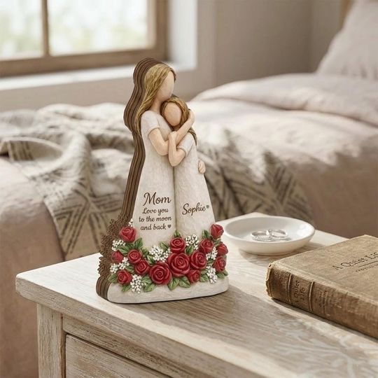 2D FLAT Personalized Mother & Daughter Wood Block, Mom Appreciation Wood Block, Love To The Moon And Back Wooden Decor, Mother's Day Gift