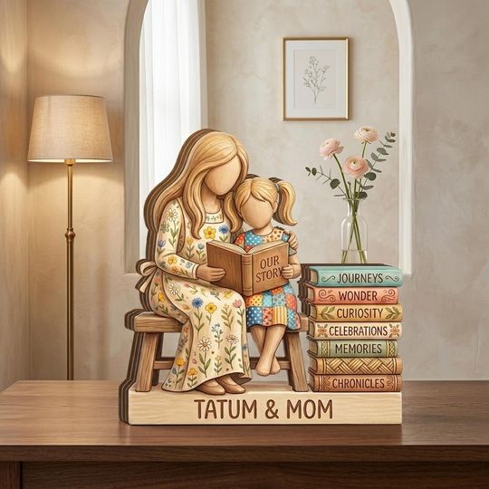 Personalized Mother and Daughter Wooden Block - Custom 3D Layered Book & Flower Decor - Unique Handcrafted Keepsake Gift for Mother's Day