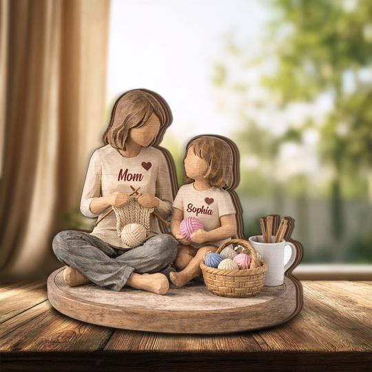 Personalized Mom Wooden Block Gift, Custom Name Mother and Daughter Knitting Decor, Mothers Day Gift from Daughter, Family Keepsake
