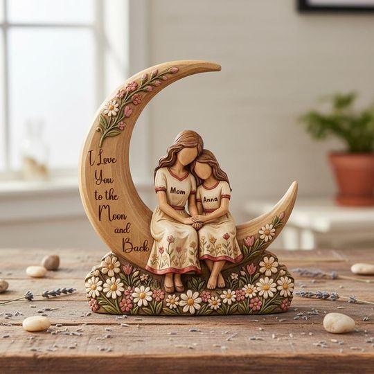 Personalized Mother Daughter Wooden Sculpture, We Love You To The Moon And Back, Custom Mom Gift from Daughter, Mom Gift, Mothers Day Gift