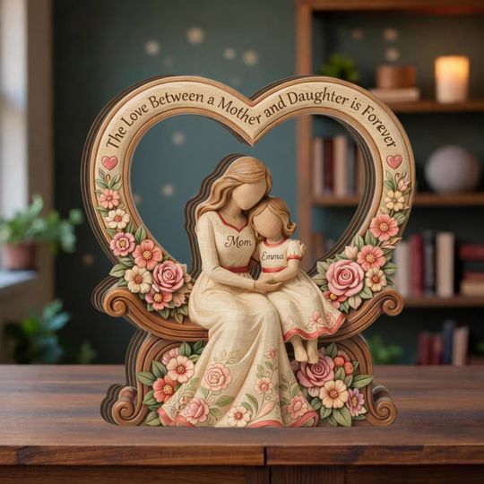 Personalized Mother Daughter Wooden Block Sculpture, Custom Mom Gift From Daughter, Heart Keepsake Decor, Birthday Mother's Day Gift For Mom
