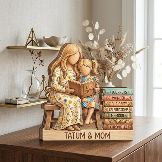 Personalized Mother and Daughter Reading Book Wood Art, Book Lover Gift for Mom, Family Story Wooden Decor, Mother's Day Gift