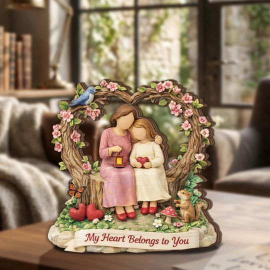 Mother Daughter Wooden Block Decor, My Heart Belongs to You Sign, Mom and Daughter Gift, Heart Tree Rustic Wood Shelf Decor