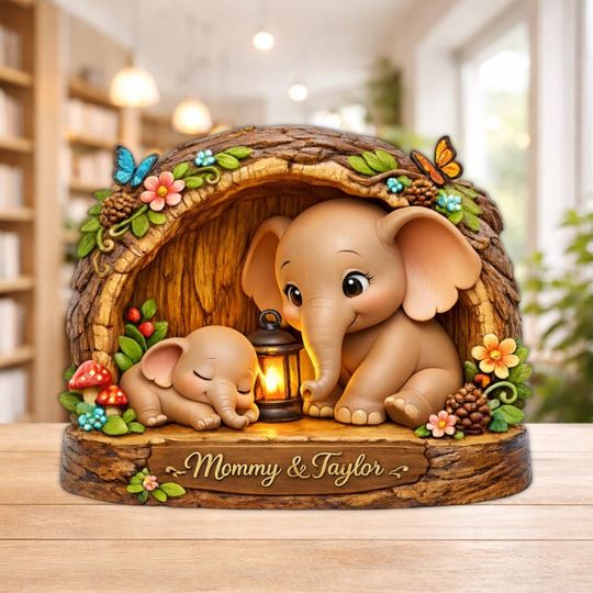 Elephant Mom 2026Mar12-01 Personalized Wooden Block Custom Family Name Wooden Plaque Mother's Day Gift for Mom Decor New Mom Birthday Gift