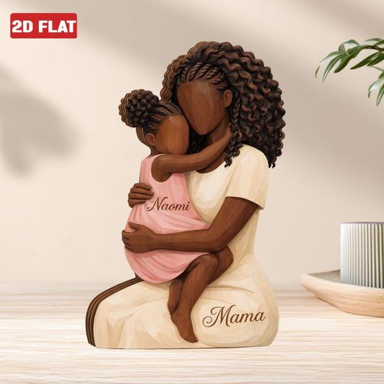 Personalized Black Mom Daughter Wooden Block, African American Mama Plaque 2D FLAT, Black Woman Desk Decor, Mothers Day Gift, African Family