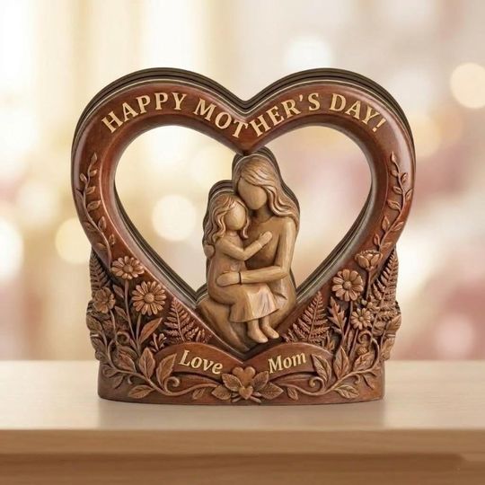 2D FLAT Mother & Daughter Wood Block, Happy Mother's Day Wood Block, Custom Floral Heart Wooden Decor, Mom Appreciation Gift