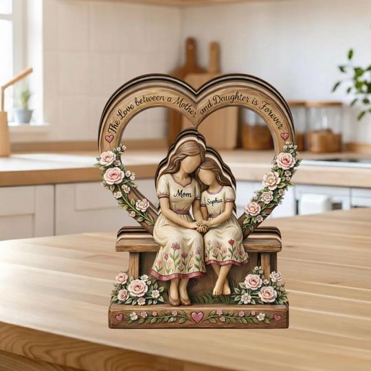 Personalized Mother Daughter Wooden Block, Custom Mom Gift from Daughter, Heart Family Keepsake Decor, Sentimental Mothers Day Gift