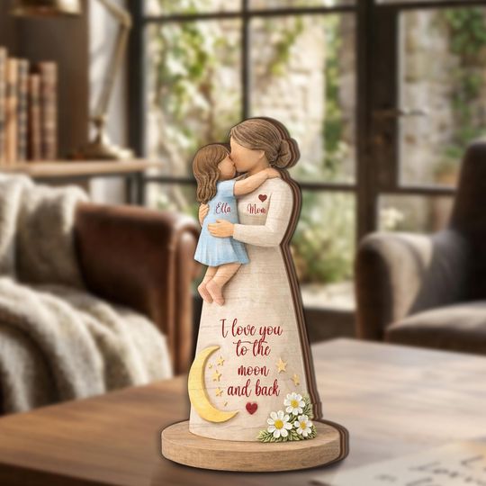 Personalized Mom Gift Wooden Block, Custom Name Mother & Daughter, I Love You to the Moon and Back Sign, Birthday Mothers Day Decor