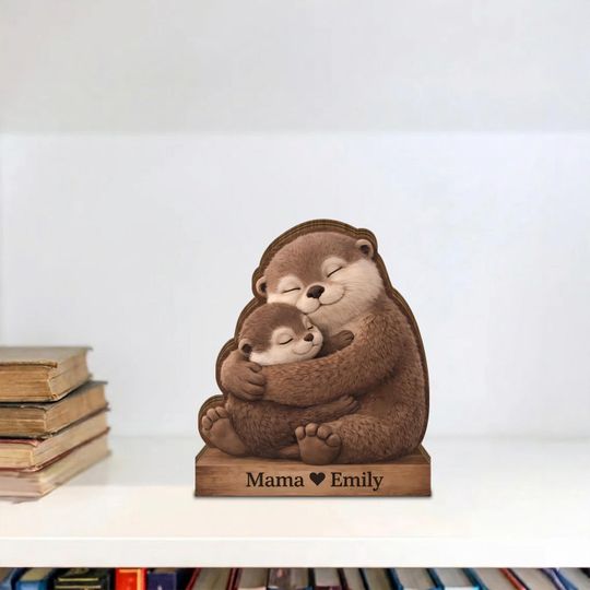 Personalized Mama Otter Wooden Block, Custom Mom and Baby Otter Decor, Cute Animal Mothers Day Gift, Family Love Shelf Decor