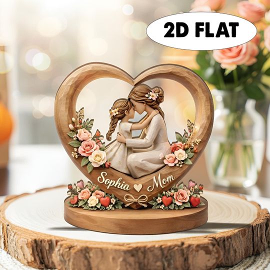 Personalized 2D Flat Mom And Daughter Wooden Block, Mothers Day Gift for Mom, Mom Wooden Sign, Mom Gift from Daughter, Mother Daughter Gift