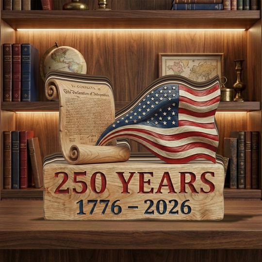 America 250th Anniversary Decoration, 1776-2026 Wooden Block, Patriotic USA Flag Shelf Decoration, Declaration of Independence Gift