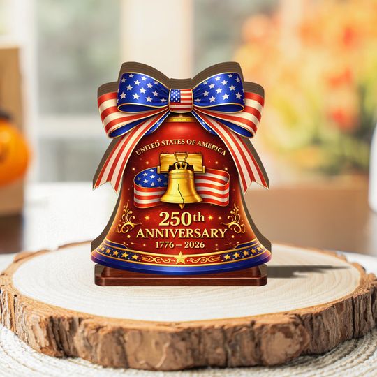 Discover USA 250th Anniversary Wooden Block Sign, Liberty Bell 1776-2026 Patriotic Decor, Semiquincentennial America Tabletop Display Gift Keepsake