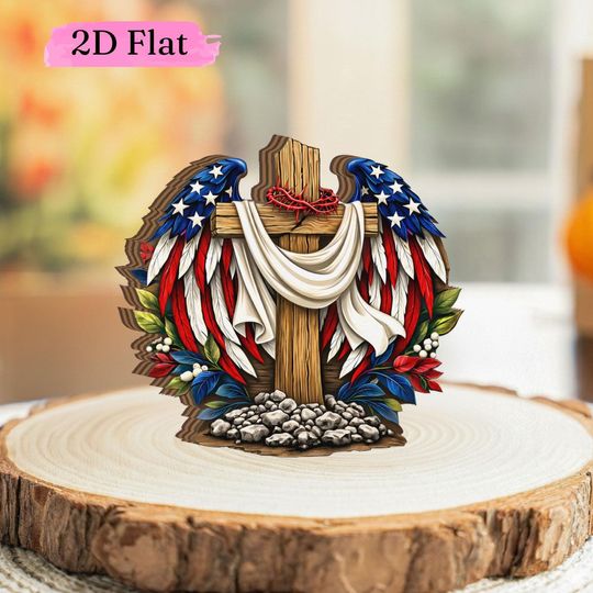 American Flag Wings Cross Wooden Block, Patriotic Christian Decor, Religious Easter Wood Art, Veteran Gift, USA Cross Shelf Sitter Decor