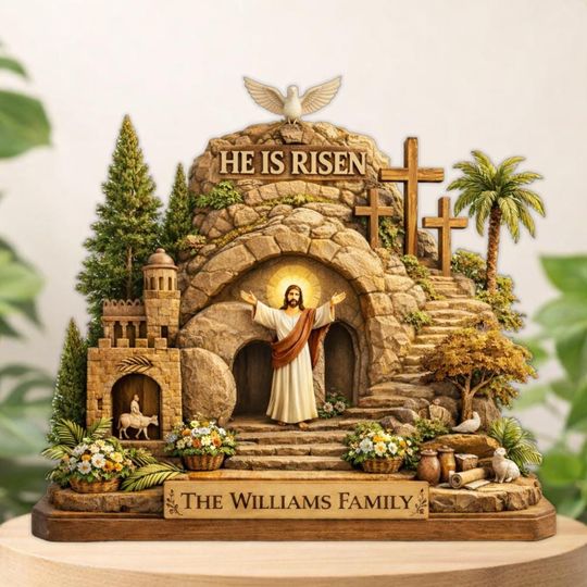 Discover He Is Risen Empty Tomb Personalized Wooden Block Religious Easter Gift Jesus Home Decor Bible Verse Sign Custom Name Wood Plaque Name Sign