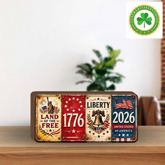 Patriotic 1776 Wooden Block, American Flag Liberty Decor, Rustic Plaque