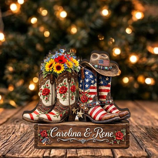 Custom Couple Name Wooden Block Patriotic Cowboy Boots Decor Personalized Western Wedding Gift American Flag Table Sign