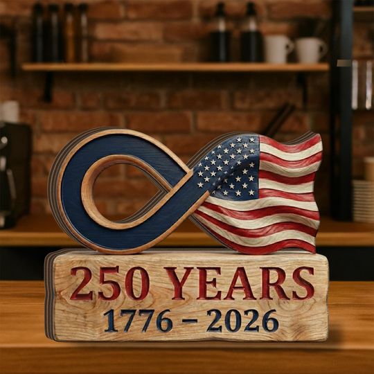 America 250 Wooden Block Sign, Patriotic Infinity Flag Tabletop Decor, USA Anniversary Display
