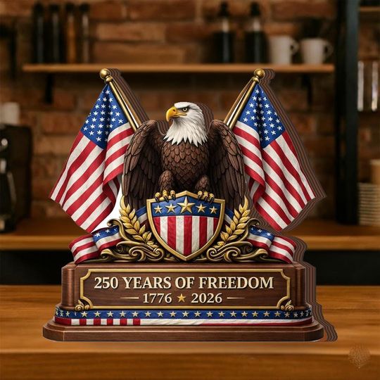250 Years of Freedom Wooden Block 1776 2026 Patriotic American Eagle Tabletop Decor USA 250th Anniversary Desk Ornament Gift