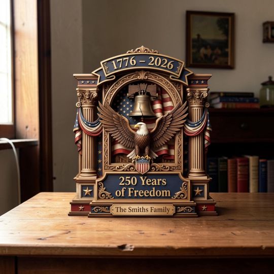 Discover 250th Anniversary Patriotic 1776-2026 Wooden Block, American Eagle Wall Art, 250 Years of Freedom 4th of July Sign, USA Heritage Shelf Decor