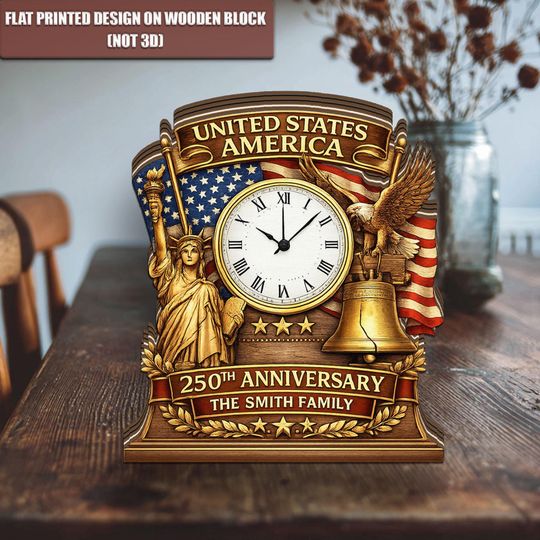 Personalized USA 250th Anniversary Wooden Block Clock, Patriotic Home Decor, Custom Family Name Independence Day Gift