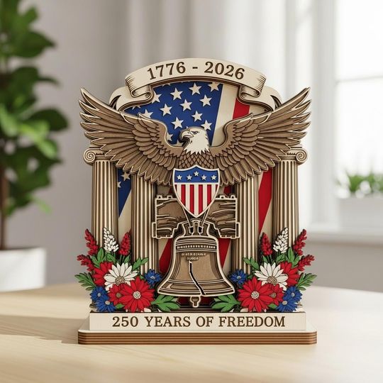 250th Anniversary Patriotic 1776-2026 Wooden Block, American Eagle Wall Art, USA Heritage Shelf Decor, 250 Years of Freedom 4th of July Sign