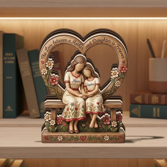 Personalized Mother Daughter Wooden Sculpture, Custom Mom Gift from Daughter, Heart Keepsake Decor, Birthday Christmas Mothers Day