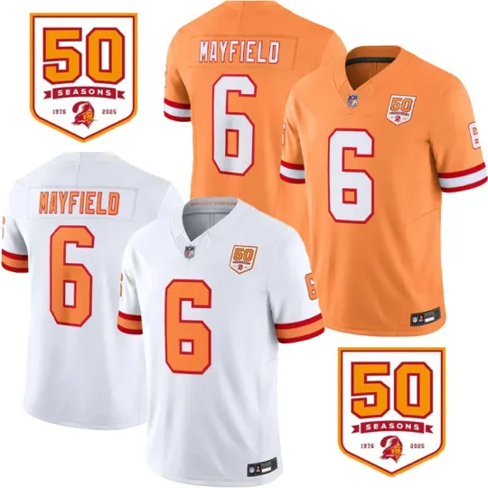 Men's '76 Buccaneerss #6 Baker Mayfield White/Orange 50th Season Printed Jersey