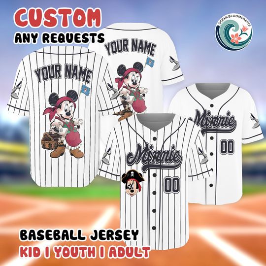 Discover Vintage Minnie Pirate Baseball Jersey, Custom Disney Family Shirt, Personalized Disney Trip Gear, Minnie Mouse Gift