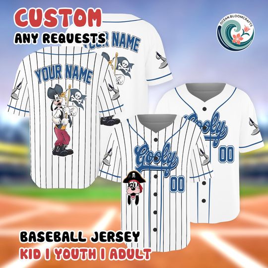 Discover Goofy Pirate Baseball Jersey, Custom Disney Family Shirt, Personalized Disney Trip Gear, Goofy Dog White Jersey, Custom Name Number Shirt