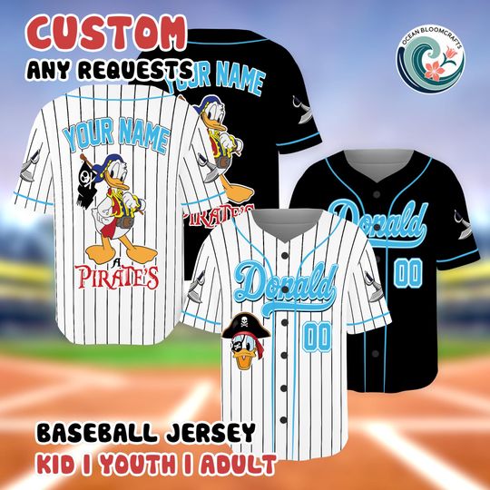 Discover Donald Duck Pirate Baseball Jersey, Custom Disney Family Shirt, Personalized Disney Trip Gear, Donald Duck Gift, Custom Name Number Shirt