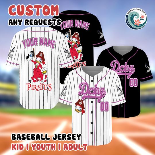 Discover Custom Daisy Pirate Jersey, Personalized Disney Pirate Shirt, Daisy Duck Baseball Jersey, Disney Vacation Gear, Pirate Life Shirt