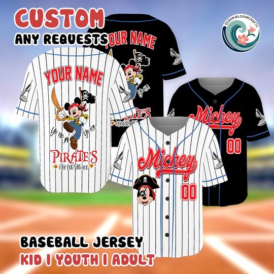Discover Mickey Mouse Pirate Baseball Jersey, Custom Disney Family Shirt, Personalized Disney Trip Gear, Pirate Mickey Gift, Custom Name Number Shirt