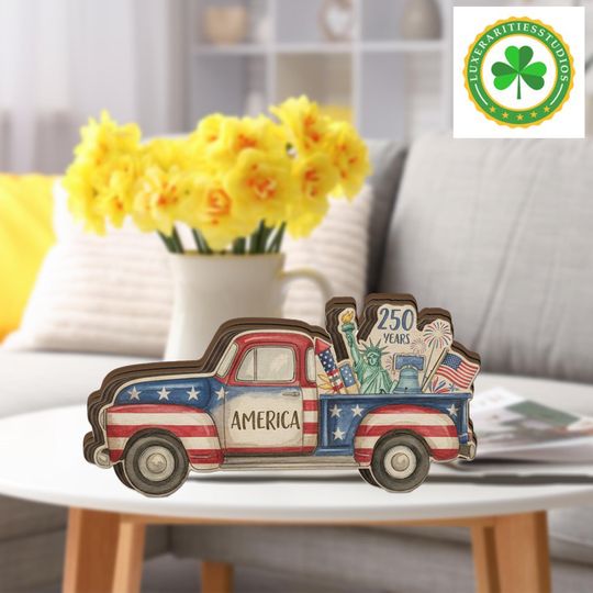 Patriotic Truck Wooden Block, Rustic USA Decor