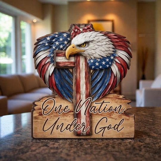 Faith and Freedom Wooden Block Decor American Flag Eagle Cross Figurine Patriotic Religious Home Ornament Independence Day Gift
