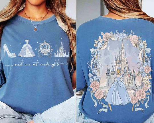 Discover 2-Sided Disney Meet me at Midnight Shirt, Coquette Bow Cinde Princess Flower Tee, Magical Castle T-shirt, Gift For Her, WDW Girl Trip