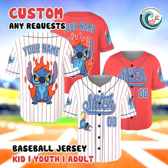 Discover Custom Stitch Baseball Jersey, Angry Stitch Fire Shirt, Personalized Disney Fan Apparel, Lilo and Stitch Fan Gift, Blue Alien Sporty Outfit