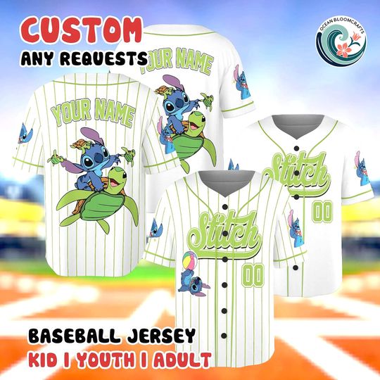 Custom Stitch Baseball Jersey, Lilo and Stitch Shirt, Personalized Stitch Turtle Jersey, Ohana Means Family, Custom Name Number Jersey