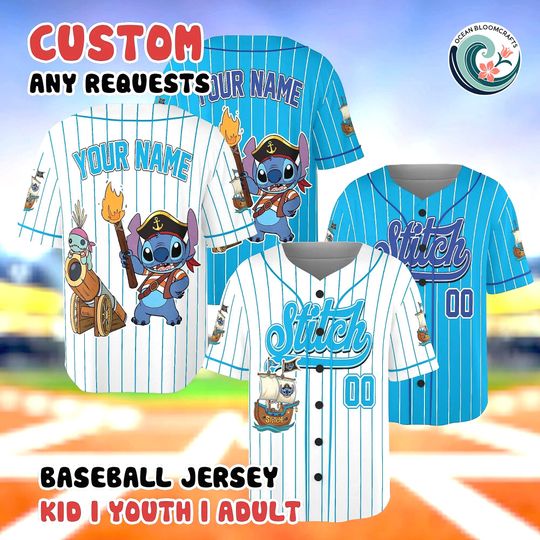 Discover Custom Stitch Baseball Jersey, Pirate Stitch Shirt, Personalized Disney Ohana Gift, Lilo and Stitch Fan Apparel, Tropical Cruise Outfit