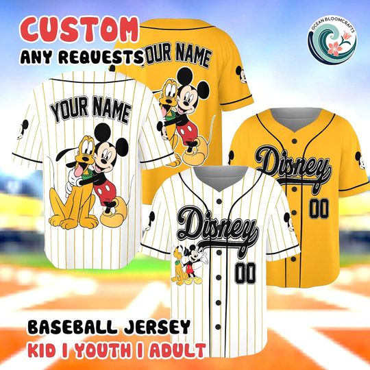 Discover Custom Mickey and Pluto Jersey, Disney Baseball Shirt, Personalized Pluto Dog Disney Jersey, Disney Family Trip Outfit, Custom Name Number
