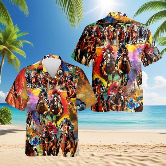 Discover Horse Racing Hawaiian Shirt, Racing Horse Aloha Shirt, Jockey Horse Hawaiian Shirt, Horse Lover Tropical Shirt, Derby Racing Hawaiian Shirt