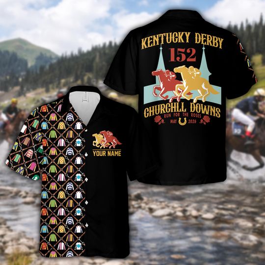 Discover Personalized Kentucky Derby Hawaiian Shirt, Custom Name Number Black Racing Aloha Shirt, Derby Day Party Shirt,Derby Outfit