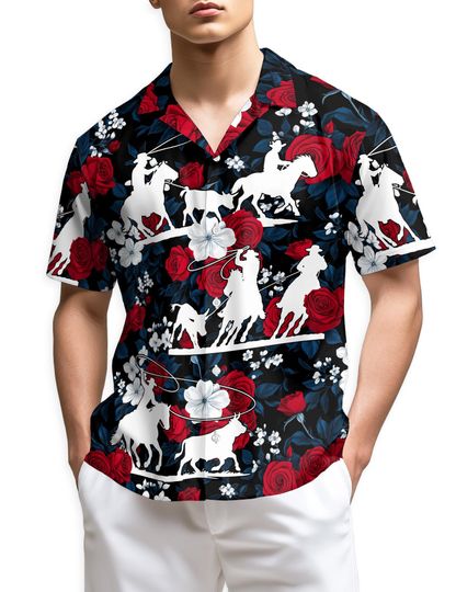 Discover Team Roping Hawaiian Shirt, Roper Horse Racing Floral Aloha Shirt, Rose Red Western Shirt, Unisex Summer Shirt S5XL