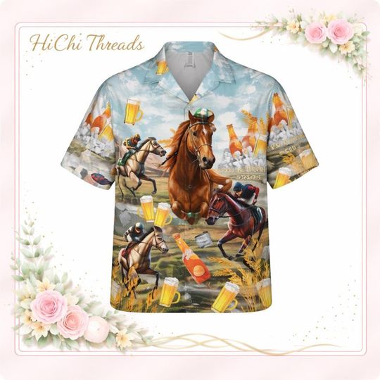Discover Hawaiian Shirt, Beer and Horse Racing Print, Summer Beach Apparel